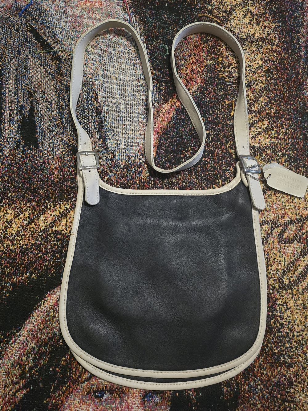 Vintage Y2K Coach 9135 Small Hippie Flap Crossbody Bag Black Cream Leather
